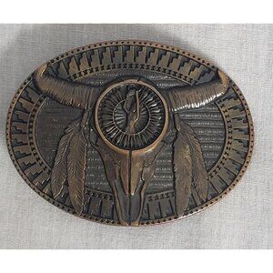 Vintage Southwest Belt Buckle Montana Silversmiths Skull Horns Feathers Native